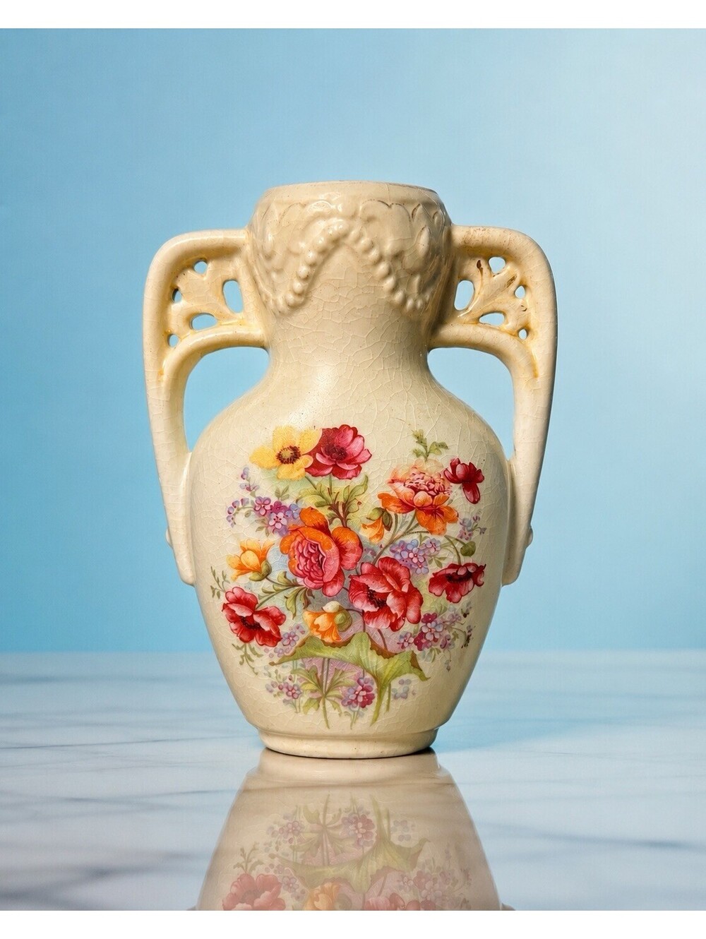 Austrian Antique 1910s Vase Twin Handle Handpainted Floral Porcelain, 4x5.75"